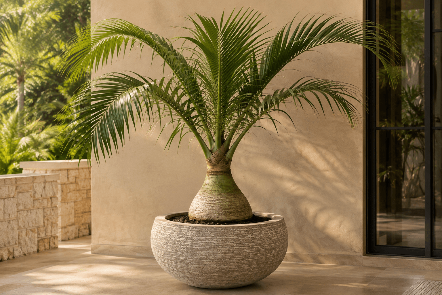 A sculptural Bottle Palm in an architectural interior
